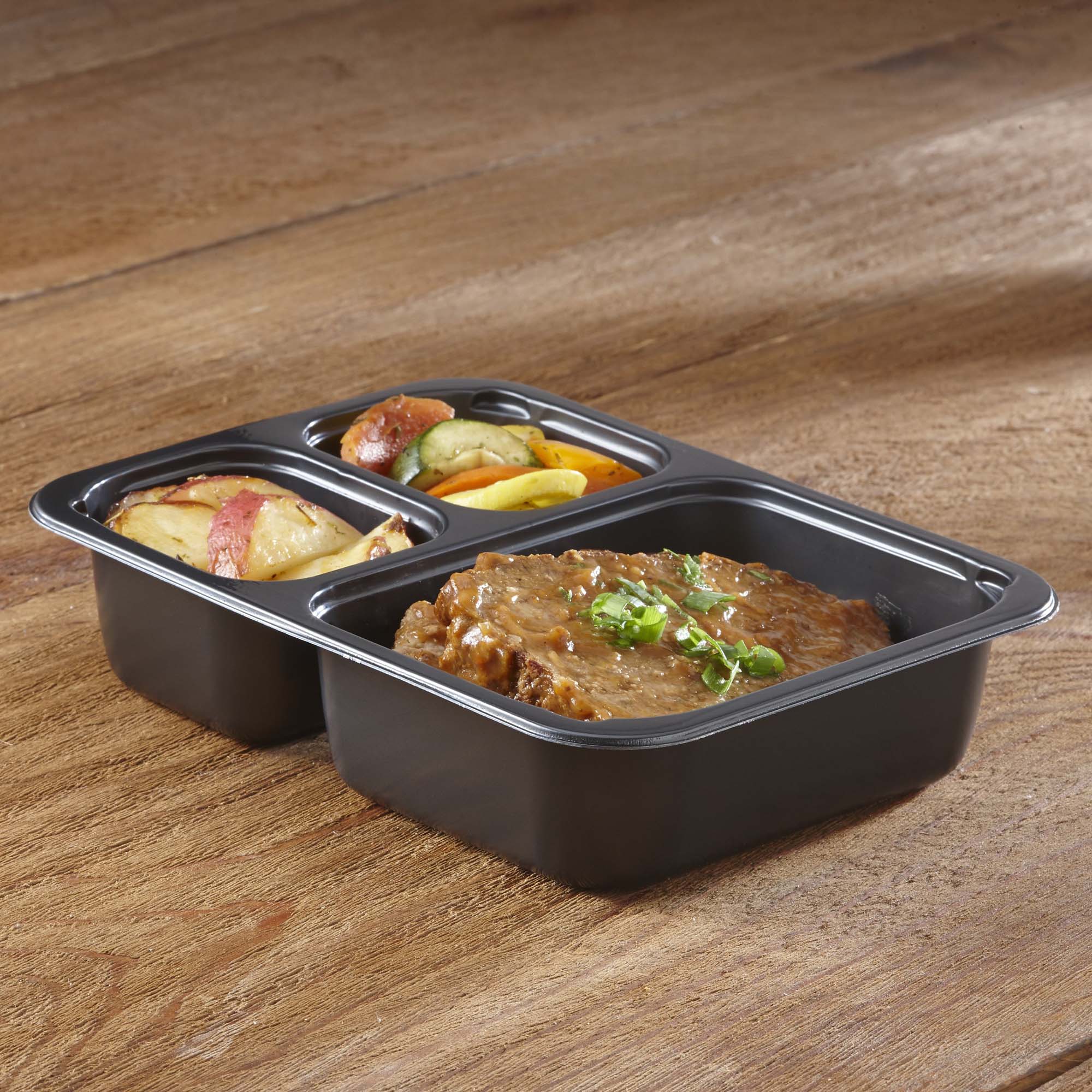 Sabert 36583FG390 3-Compartment Medium Rectangle Tray, 26oz, Black (Case of 390)